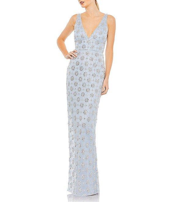 Mac Duggal V-neck Sleeveless Embellished Mesh Column Gown Product Image