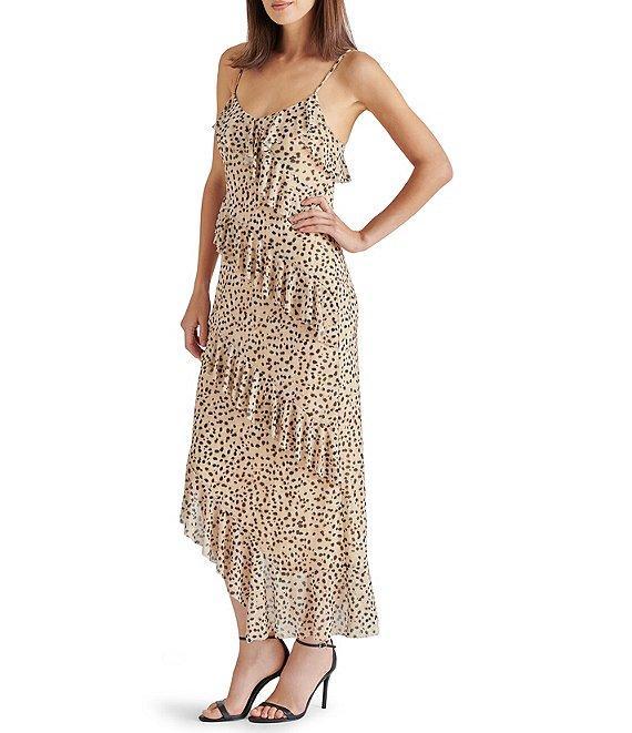 Steve Madden Aida Dotted Print V-Neck Sleeveles Ruffle Mesh Midi Dress Product Image