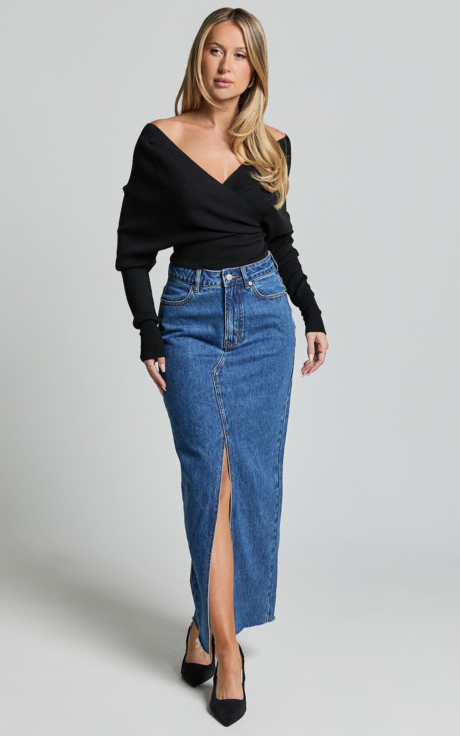 Kira Midi Skirt - Front Split Denim Skirt in Dark Blue Wash Product Image