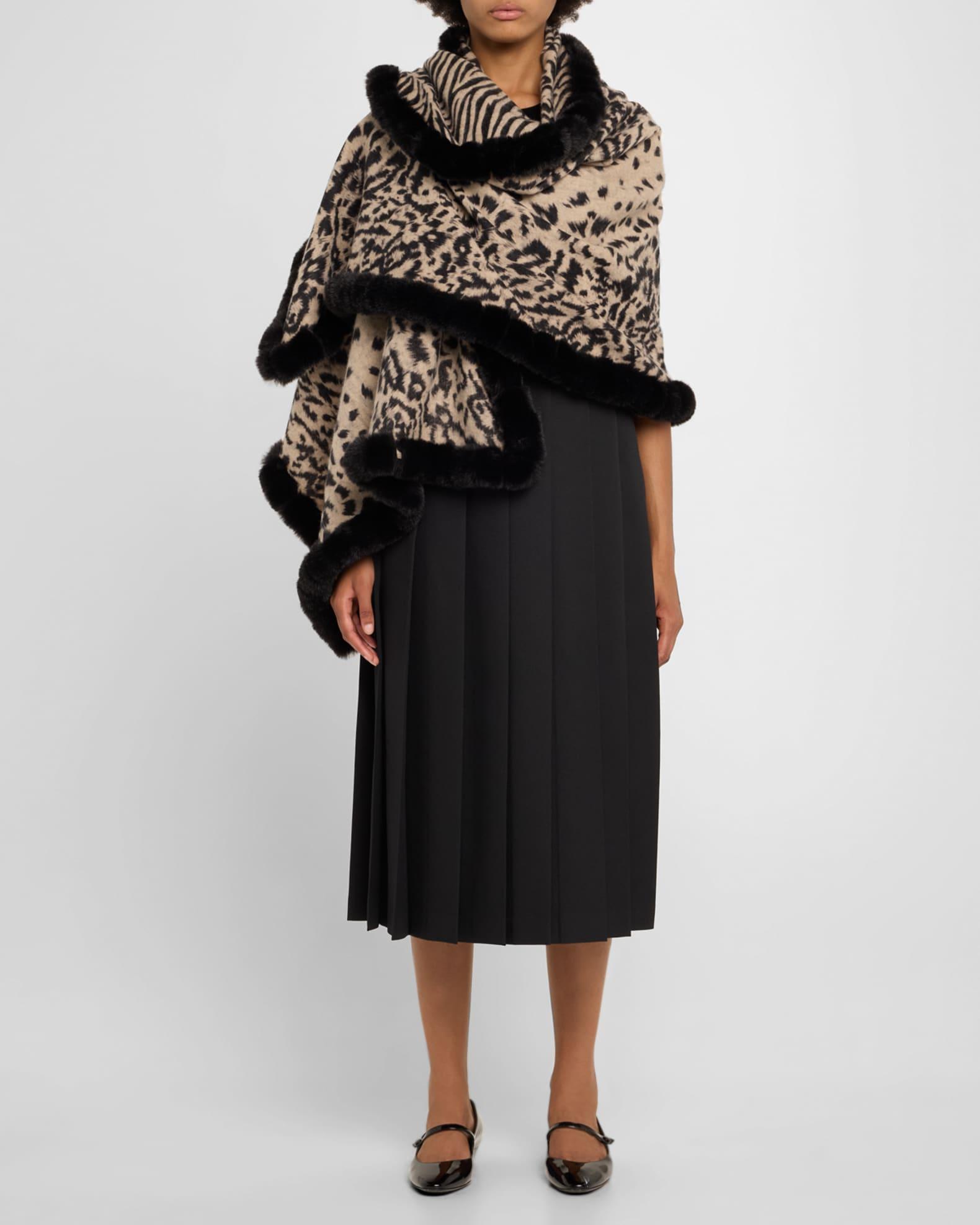 Reversible Animal-Print Wool-Blend Wrap with Faux Fur Trim Product Image