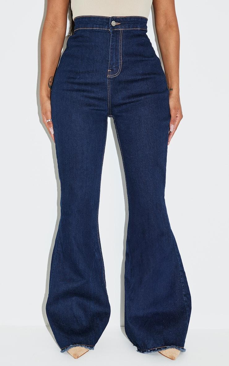 Shape Indigo Washed Distressed Hem Stretch Flared Denim Jeans Product Image