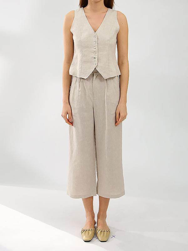 Solid Color  Sleeveless Buttoned Deep V-Neck Vest Top + Pleated Straight Leg Pants Bottom Two Pieces Set Product Image