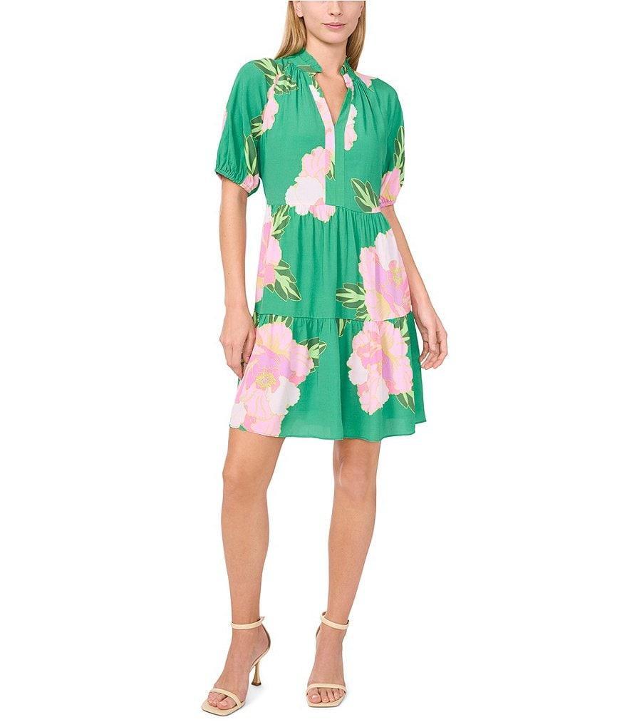 CeCe Floral Print Split Round Neck Short Sleeve Tiered A-Line Dress Product Image