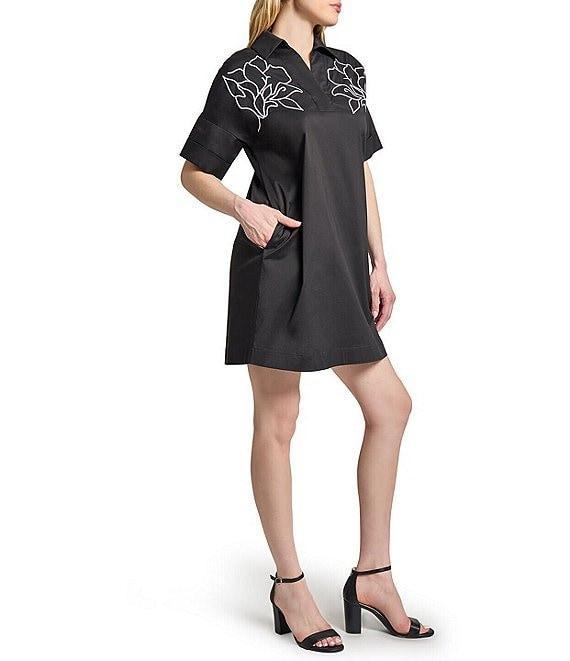 Ming Wang Stretch Cotton Floral Embroidered Point Collar V-Neck Short Sleeve Dress Product Image