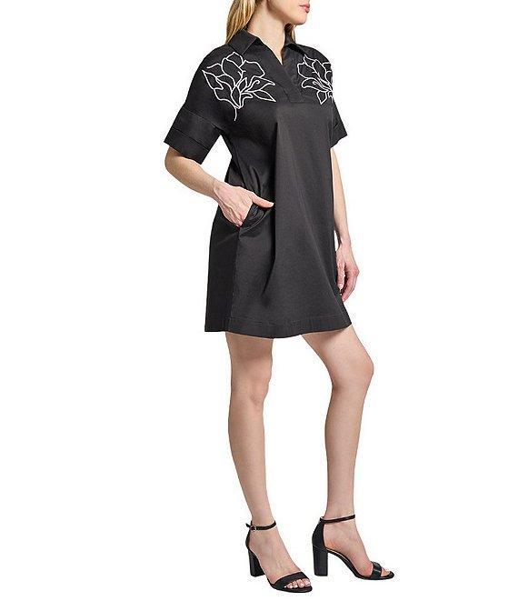 Ming Wang Stretch Cotton Floral Embroidered Point Collar V-Neck Short Sleeve Dress Product Image