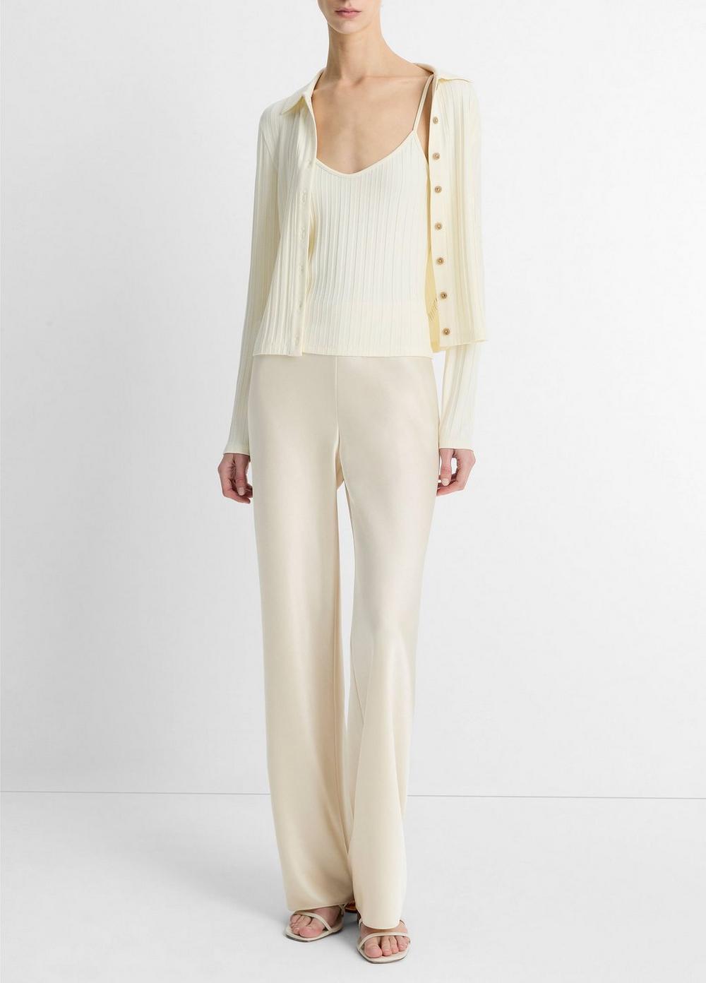 Ribbed Collared Long-Sleeve Button-Front Top Product Image