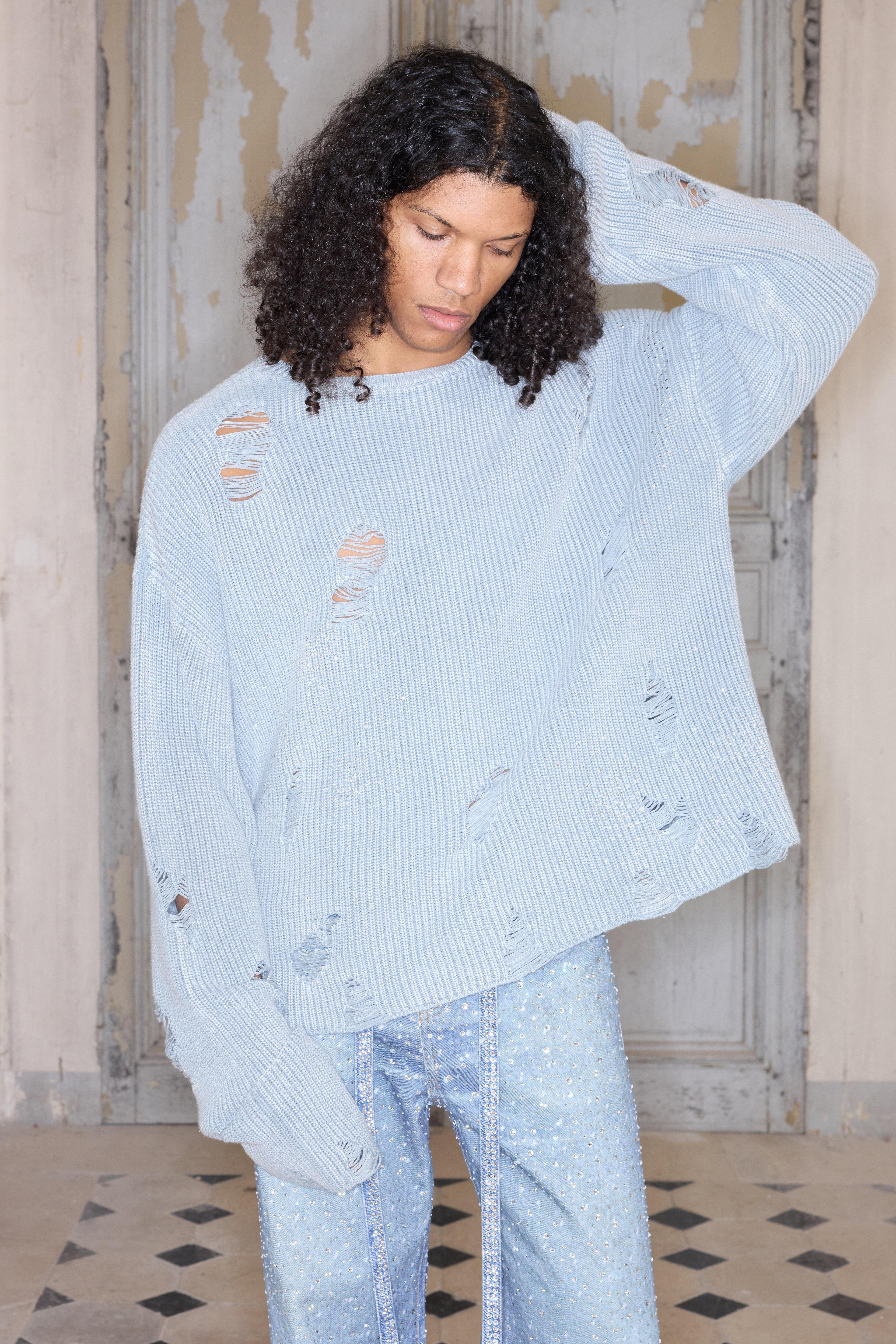 Premium Oversized Distressed Rib Knit Sweater | boohooMAN USA Product Image