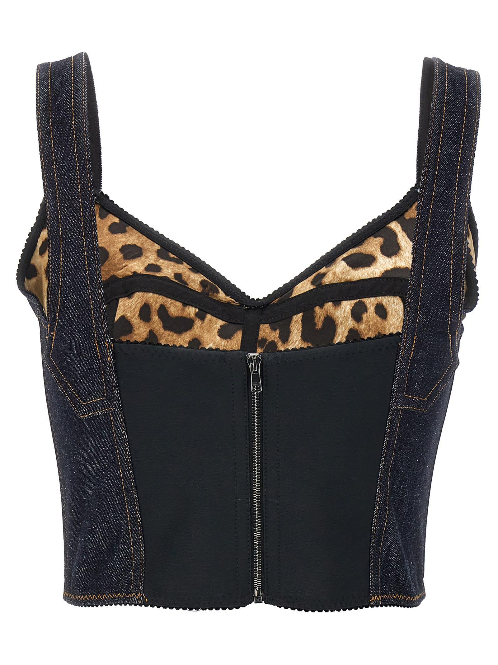 DOLCE & GABBANA Denim Bustier With Logo Plaque In Black Product Image