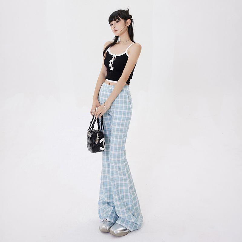 Mid Waist Plaid Flared Pants (Various Designs) Product Image