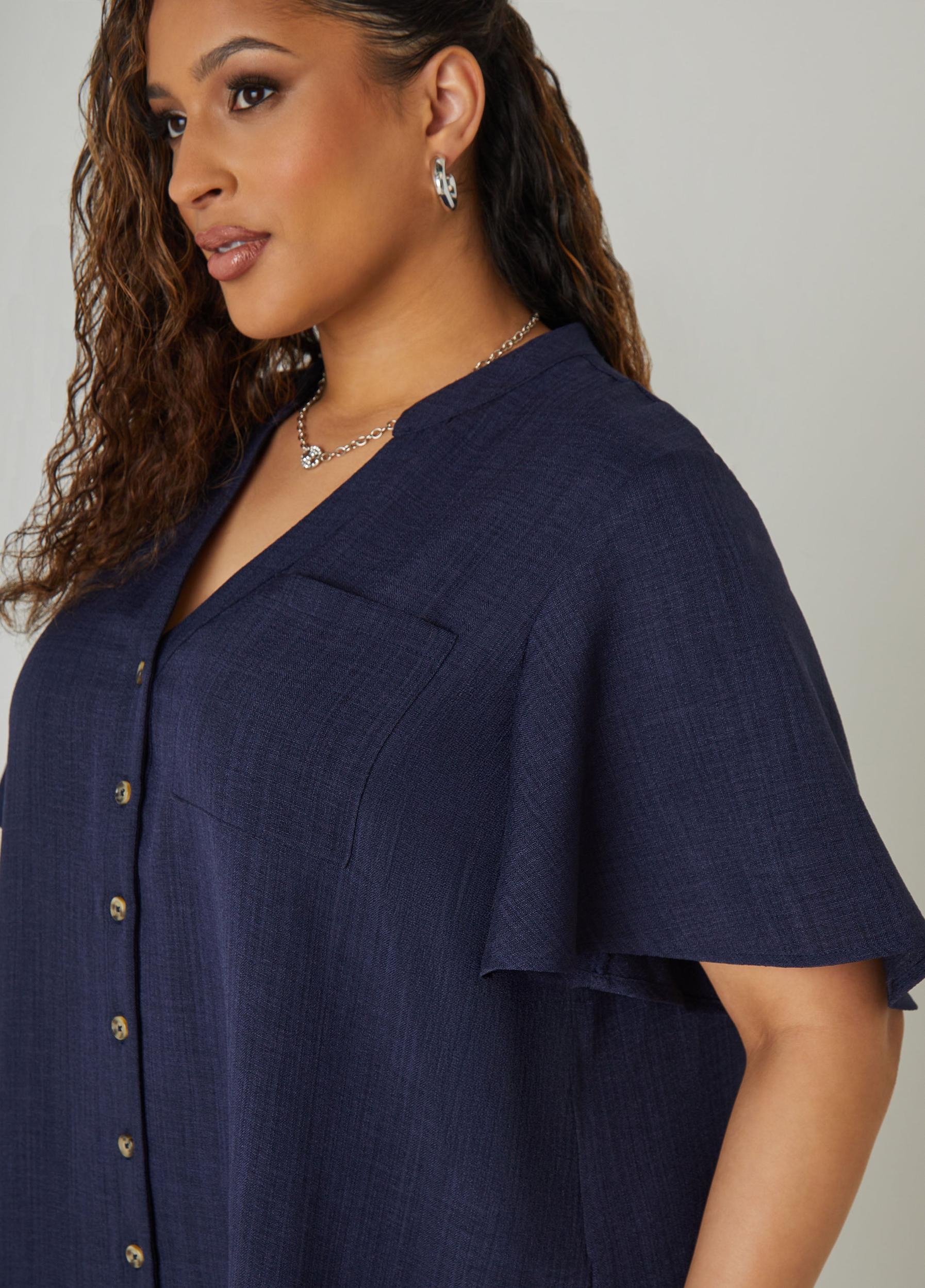 Plus Size Flounced Slub Woven Shirtdress Ashley Stewart Product Image