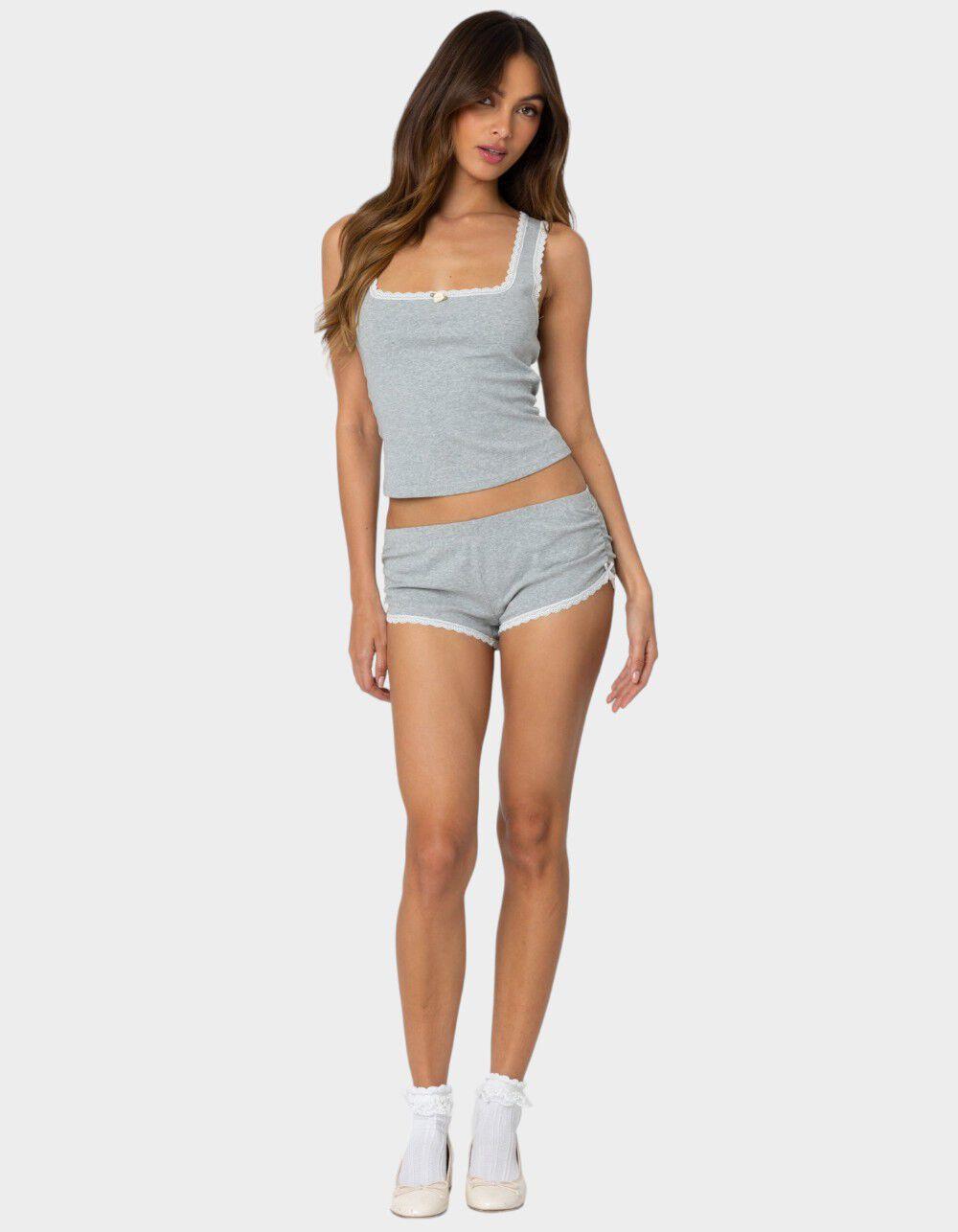 EDIKTED Kadence Ruched Lace Trim Shorts - GRAY Product Image