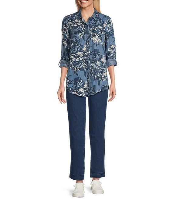 Intro Lyocell Floral Print Collared Long Roll-Tab Sleeve Snap Front Shirt Product Image