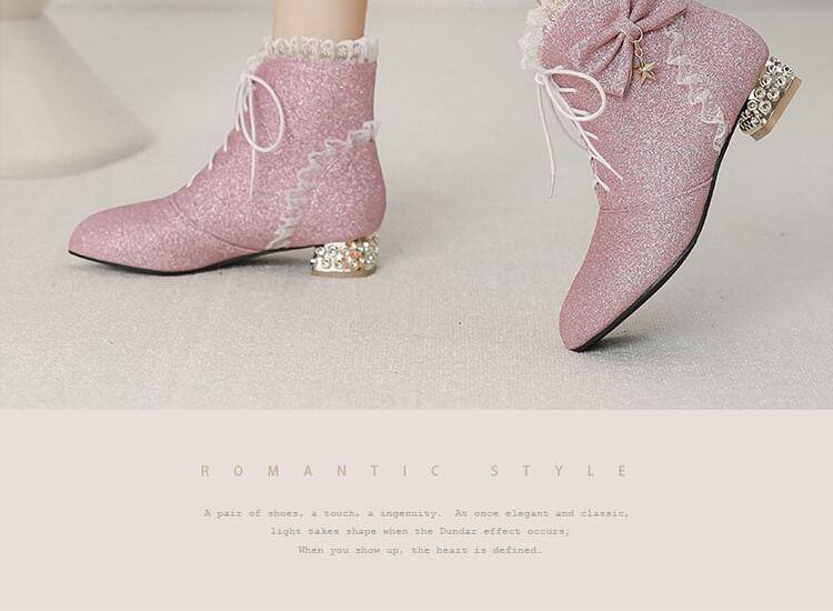 Low Heel Glitter Lace Up Short Boots Product Image