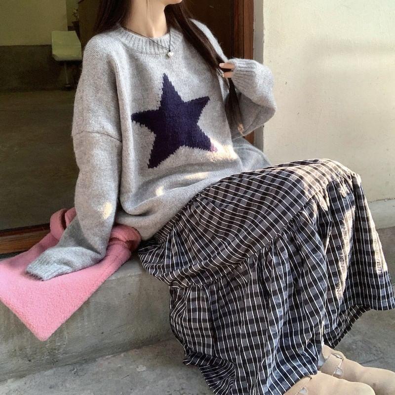 Round Neck Star Print Oversized Sweater / Mid Waist Plaid Maxi A-Line Skirt Product Image