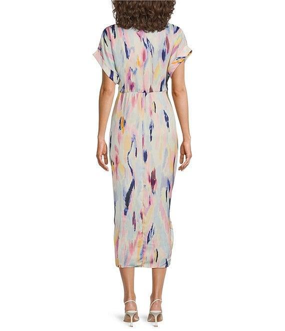 Steve Madden Tori Watercolor Print Point Collar Short Kimono Cuff Sleeve Ruched Front Asymmetrical Hem Midi Shirt Dress Product Image