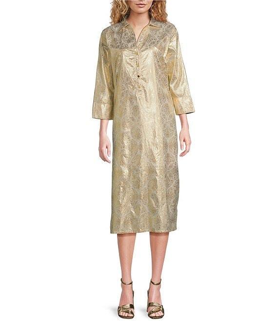 Jude Connally Kallan Cotton Voile Gold Foil Medallion Print Point Collar Shift Midi Dress Product Image