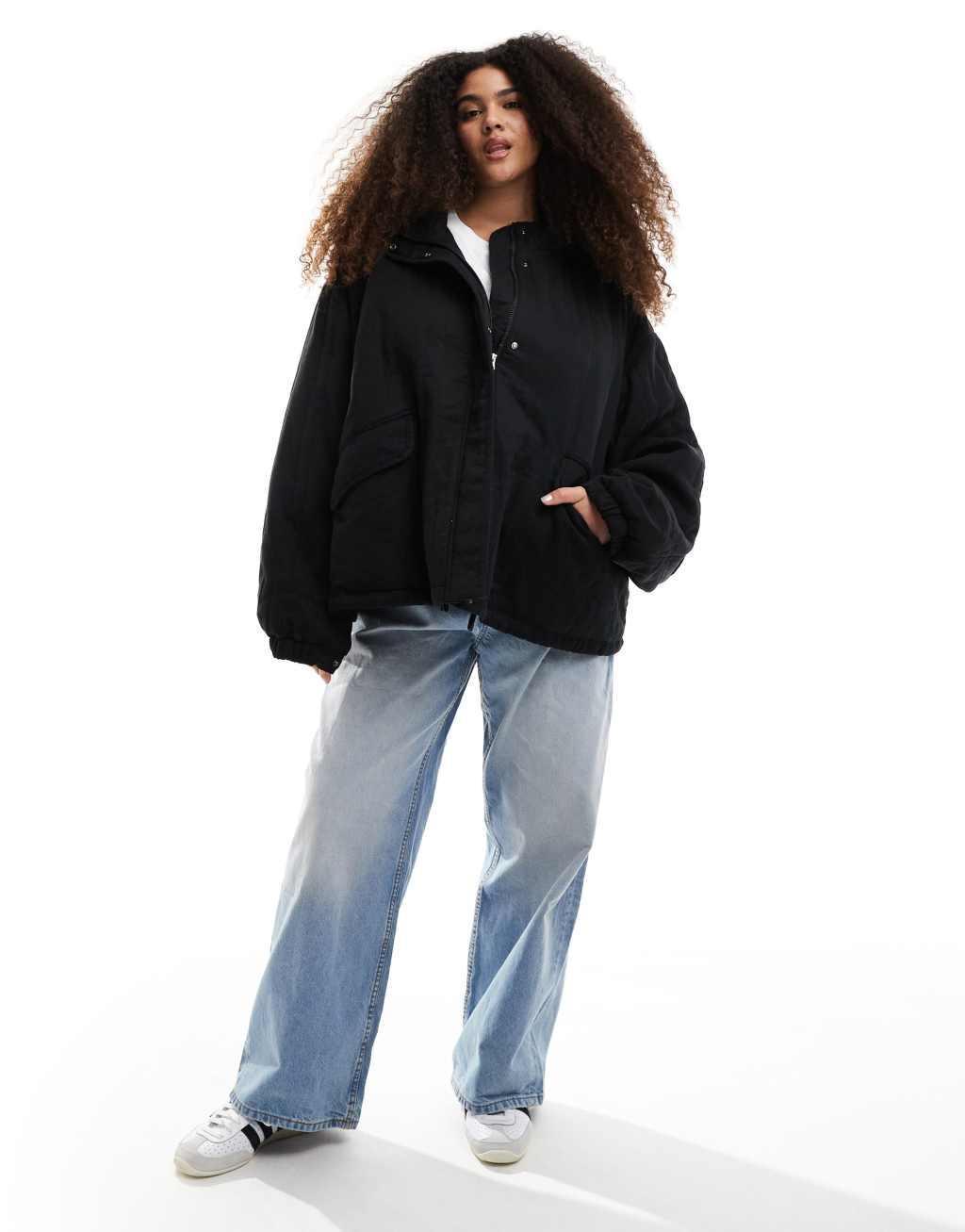 ASOS DESIGN Curve funnel neck quilted jacket in black Product Image