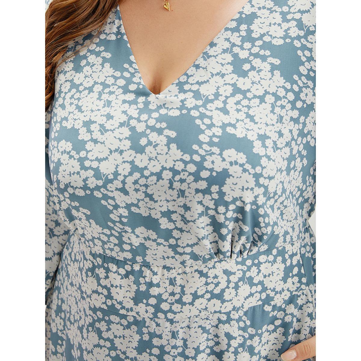 Plus Size Ditsy Floral Pleated Detail Lantern Sleeve Dress LightBlue Women Elegant Elastic cuffs V-neck Elbow-length sleeve Curvy Midi Dress BloomChic 30/6X Product Image