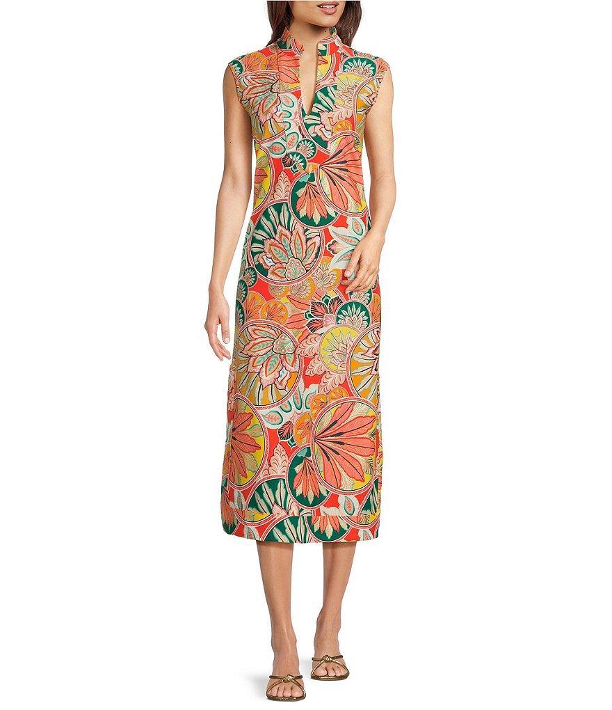 Jude Connally Kristen Stained Glass Print Jude Cloth Stretch Knit Wrinkle-Free Split V-Neck Sleeveless A-Line Midi Dress Product Image