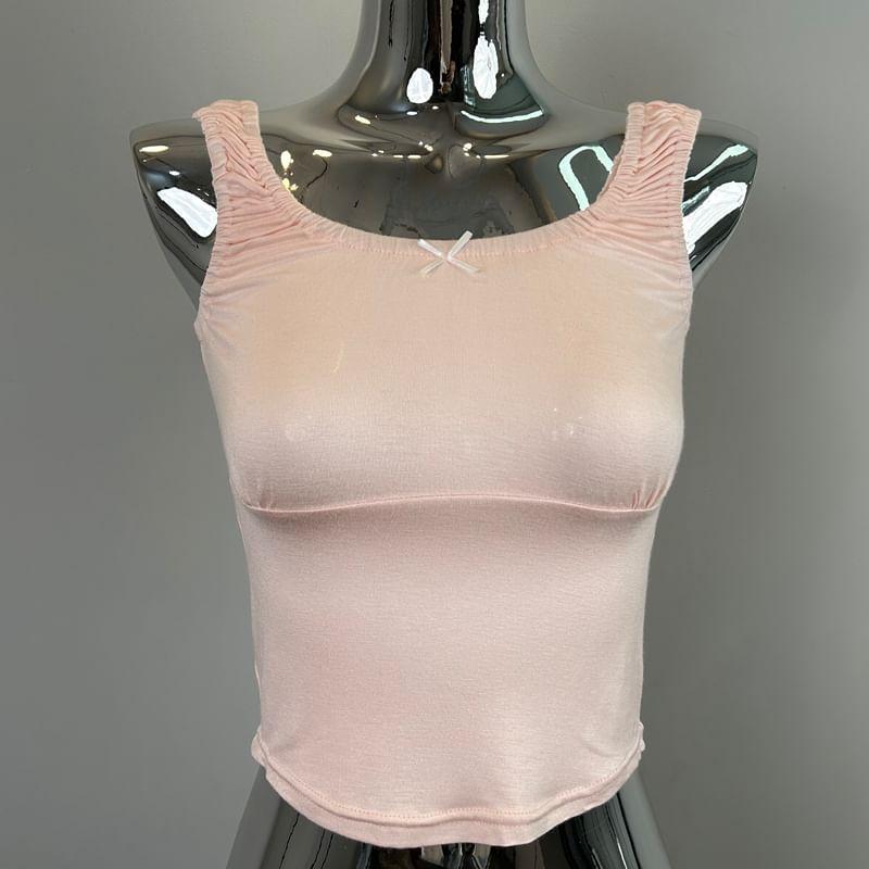 Scoop Neck Plain Bow Accent Ruched Slim Fit Crop Tank Top Product Image