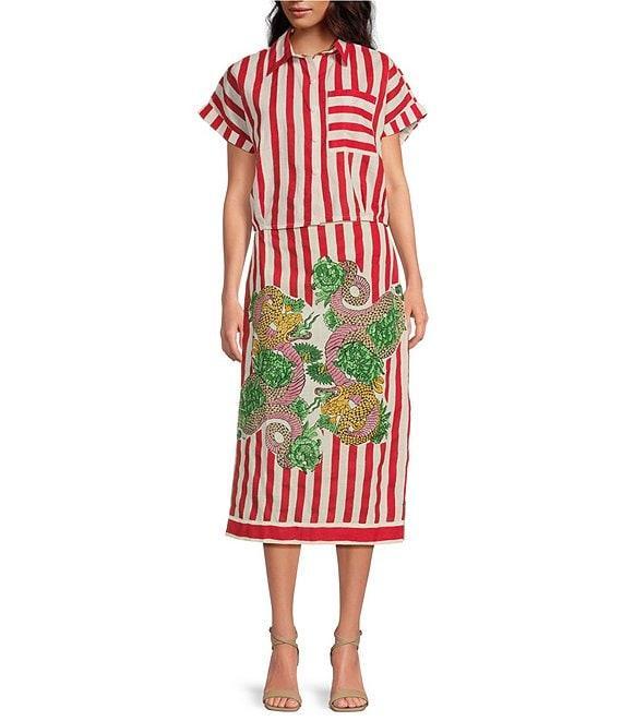 Mo Maya Red Stripe Dragon Print Camp Collar Short Sleeve Button Front Coordinating Coverup Top Product Image