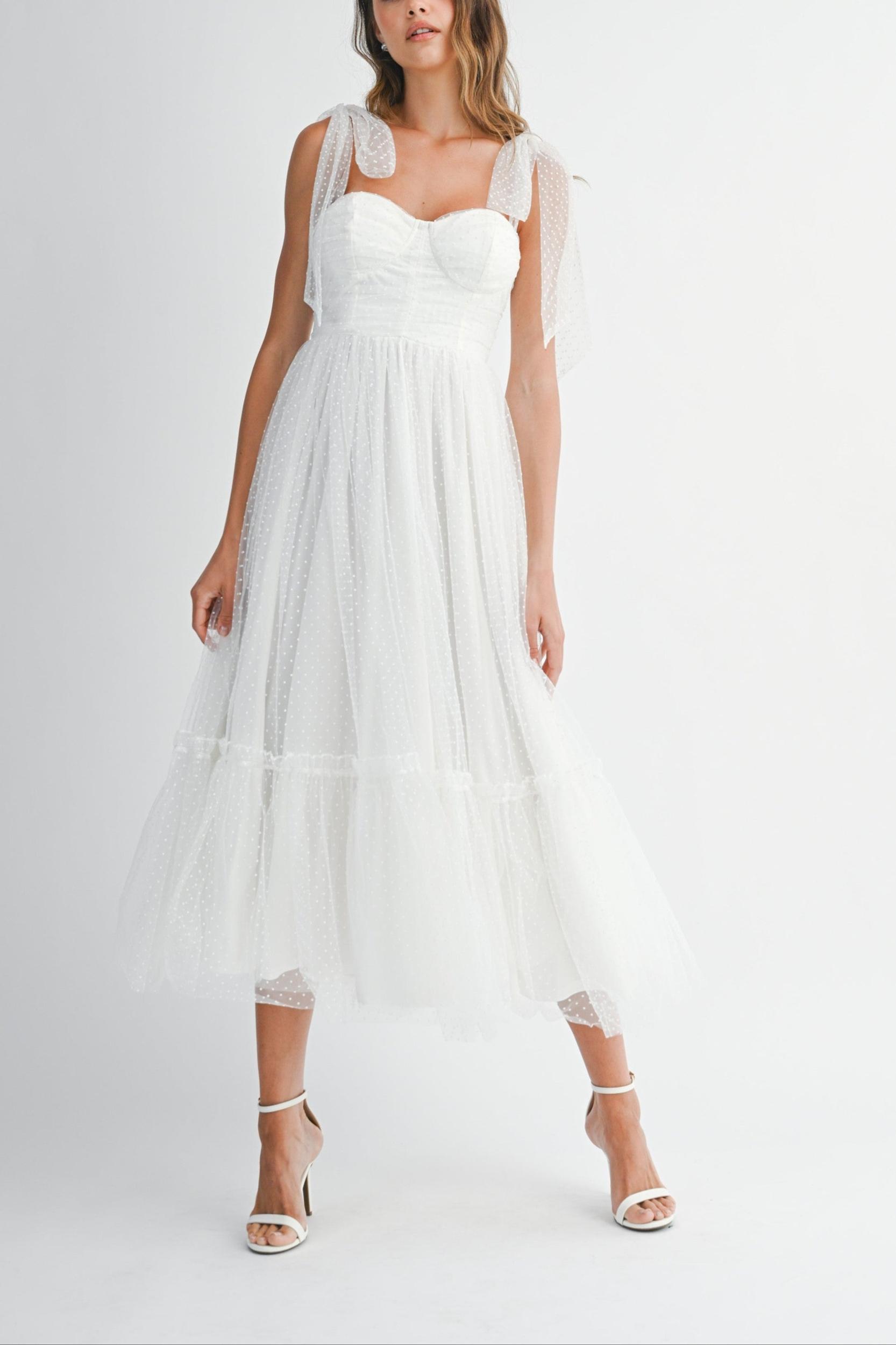 Polka Dot Mesh Tie Shoulder Midi Dress Product Image