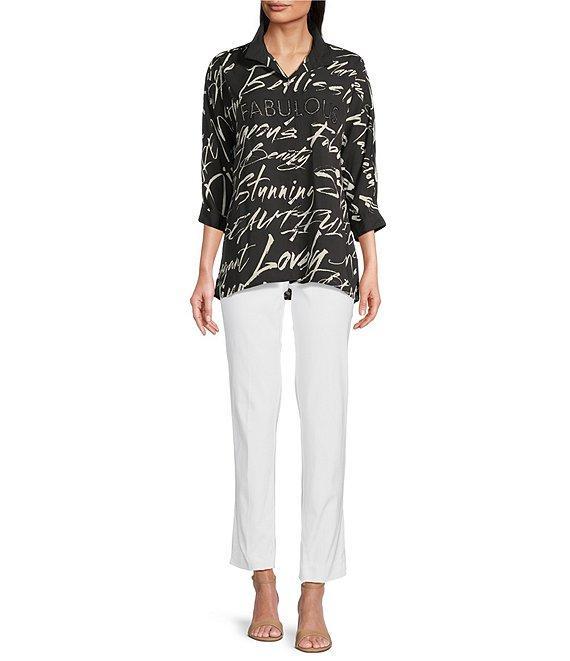 Ali Miles Petite Size Woven Printed Wire Collar 3/4 Roll-Tab Sleeve Button Front Tunic Product Image