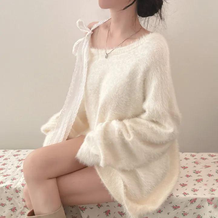 Long Sleeve Off Shoulder Lace Bow Sweat Dress Product Image