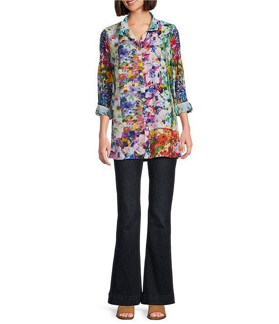 John Mark Mixed Floral Print Woven Wire Collar 3/4 Roll Tab Sleeve Button Front Top Product Image