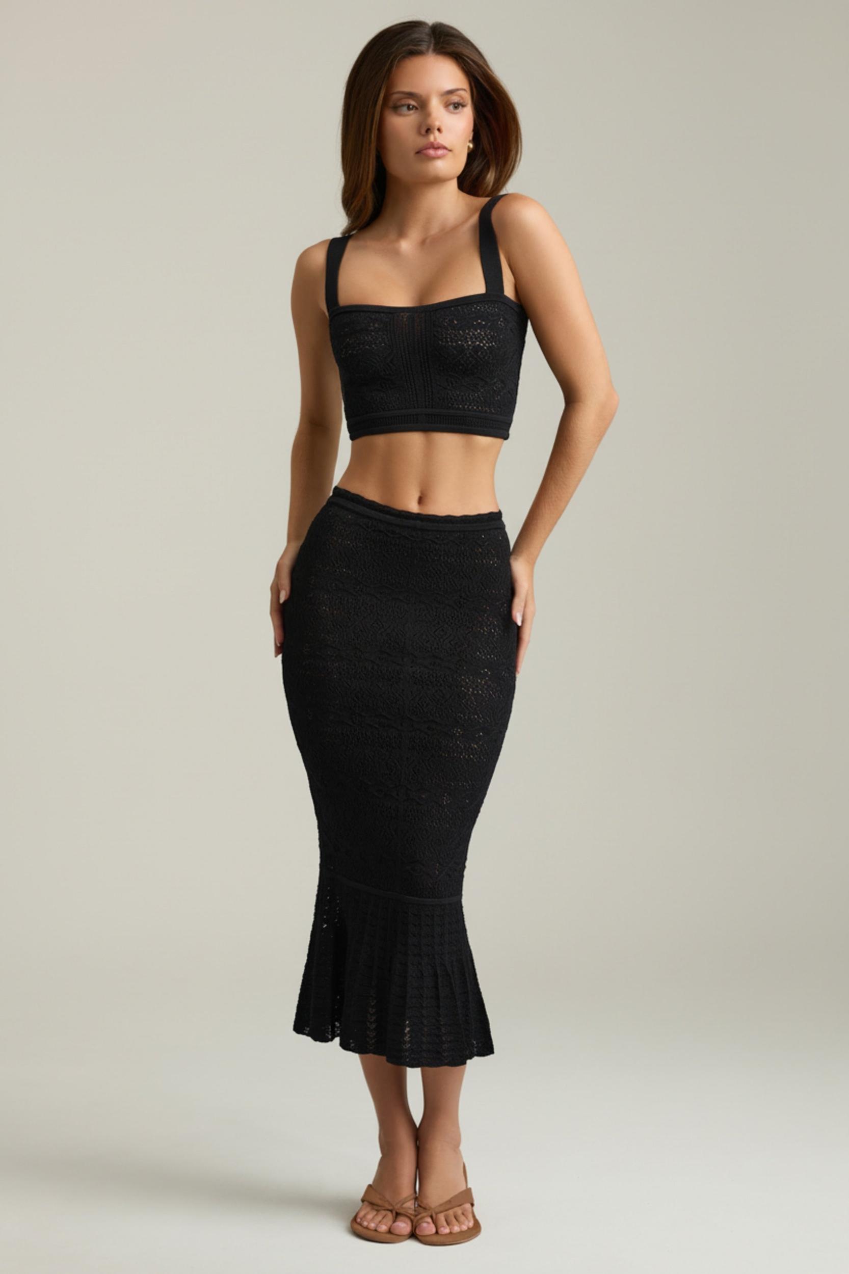 Ruffle-Trim Pointelle-Knit Midaxi Skirt in Black Product Image