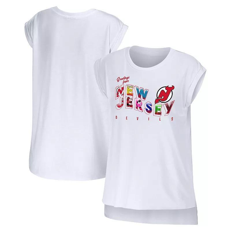 Women's WEAR by Erin Andrews White New Jersey Devils Greetings From Muscle T-Shirt,  Product Image