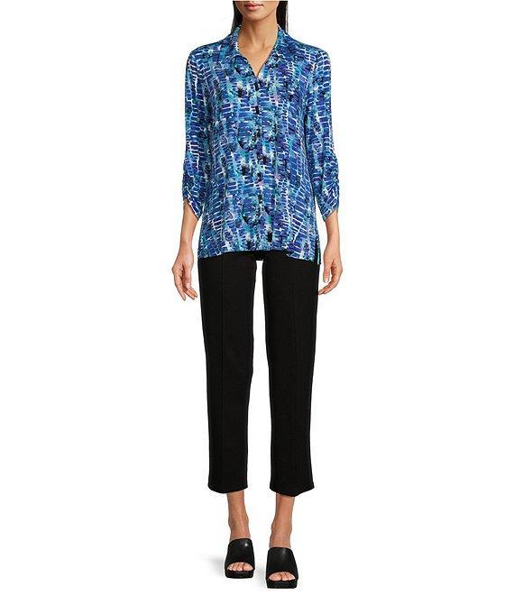 Ali Miles Stretch Abstract Tile Print Collared Neckline 3/4 Ruched Sleeve Tunic Product Image