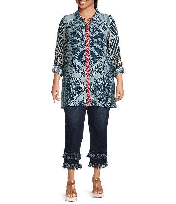 John Mark Plus Size Medallion Abstract Print Point Collar Long Roll-Tab Sleeve Button-Front Tunic Product Image