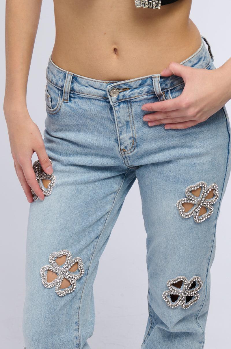 DIVINE FEMININE ENERGY RHINESTONE DETAIL JEANS Product Image