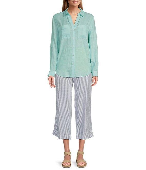 Westbound Blue White Stripe Crop Linen Blend Pants Product Image