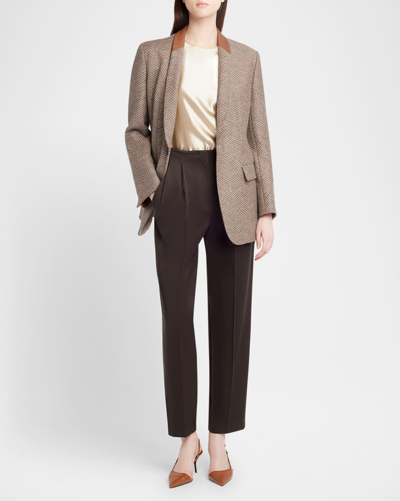 Chevron Wool Single-Breasted Blazer with Leather Trim Product Image