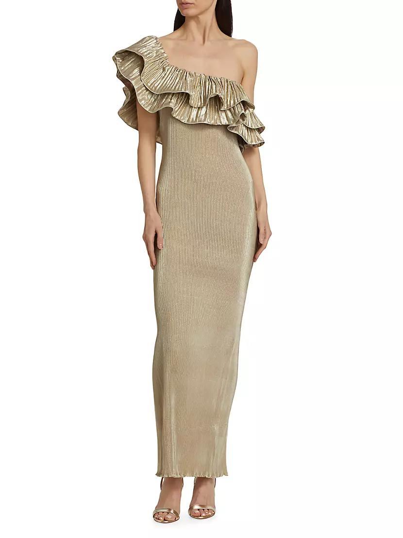 Metallic Ruffled One-Shoulder Maxi Dress Product Image