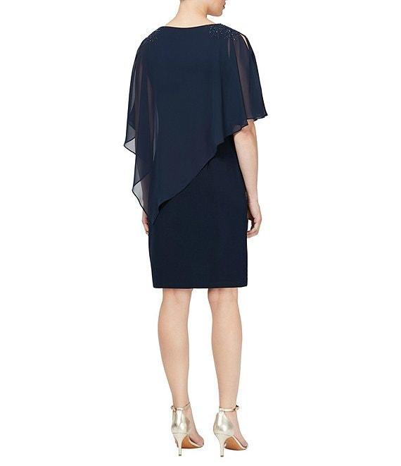 Ignite Evenings Chiffon Asymmetric Overlay 3/4 Sleeve Beaded Shoulder Detail Round Neck Sheath Dress Product Image