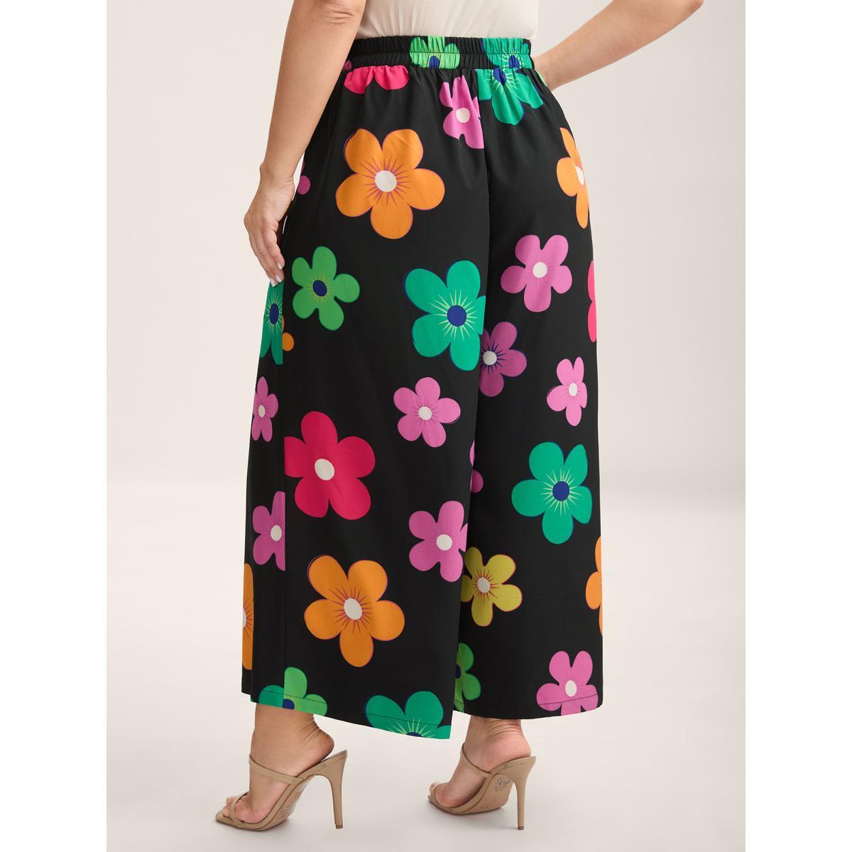 Plus Size Colorful Large Floral Print Wide-Leg Pants Women BlackFlower Playful Wide Leg Mid Rise Casual Pants BloomChic 10/M Product Image