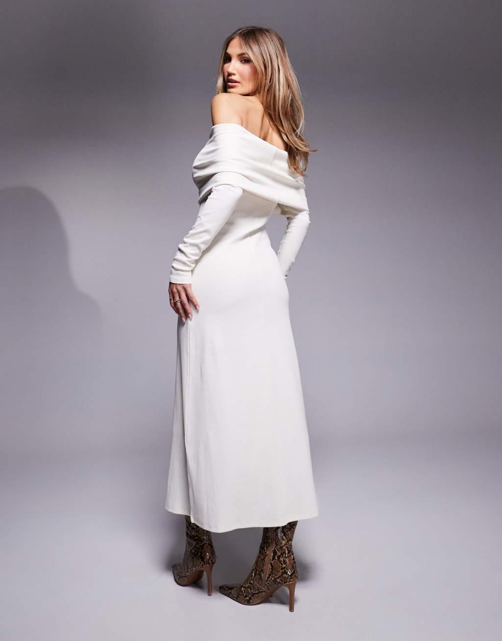 ASOS DESIGN ribbed long sleeve off the shoulder midi dress in cream Product Image