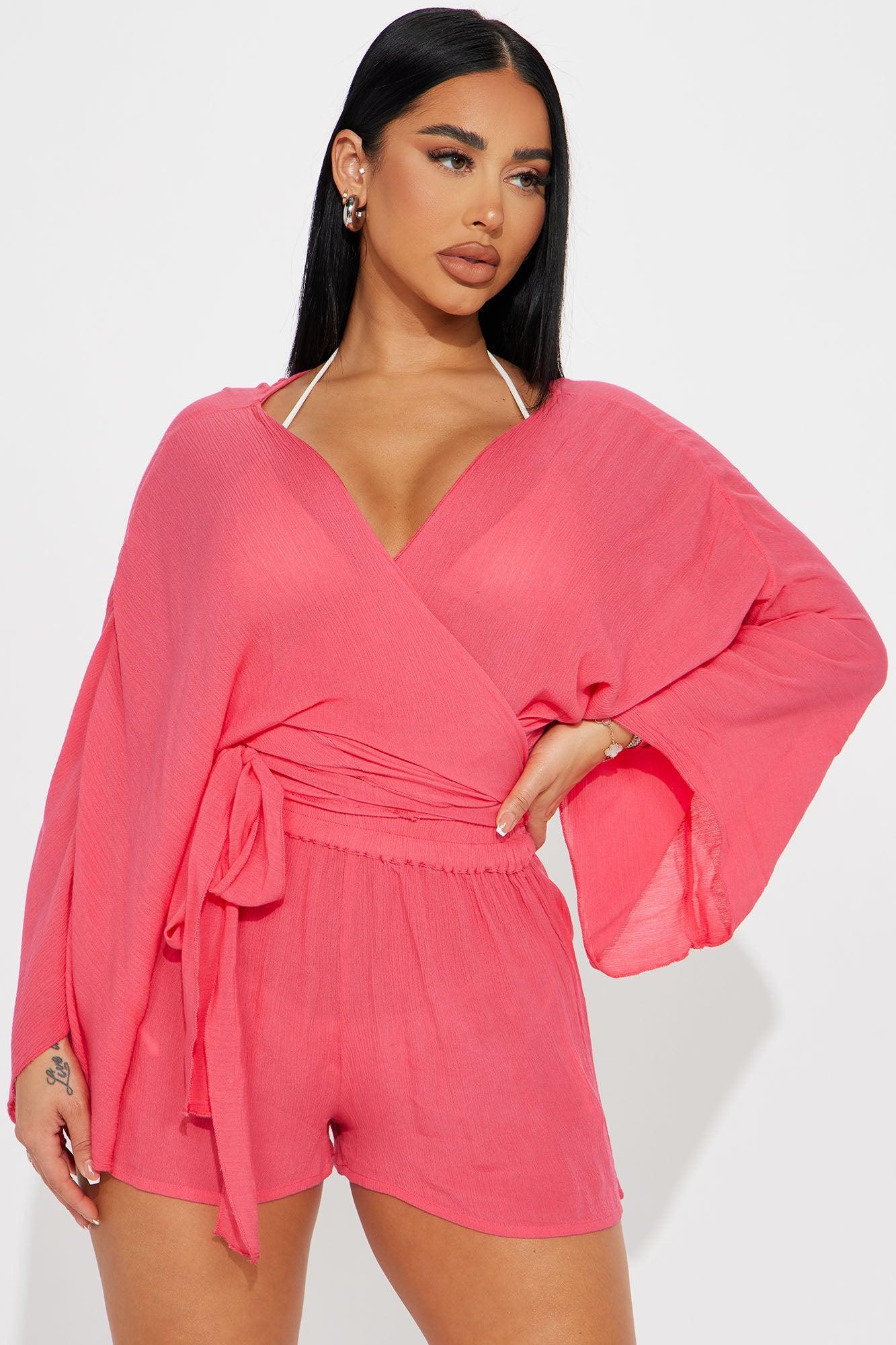 Breezy Nights Linen 2 Piece Cover Up - Hot Pink Product Image