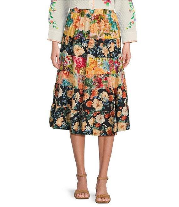 Calessa Patchwork Floral Print Midi Tiered A-Line Pull-On Skirt Product Image
