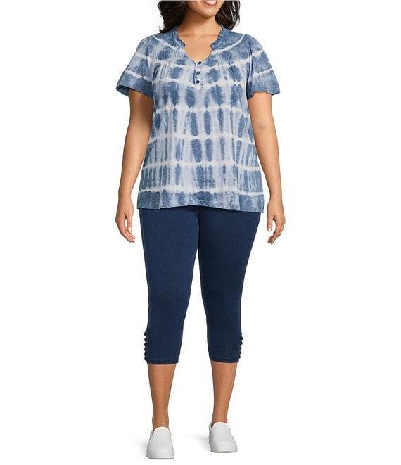 Intro Plus Size Tie-Dye Split V-Neck Short Sleeve Lace Pleated Yoke Tee Product Image