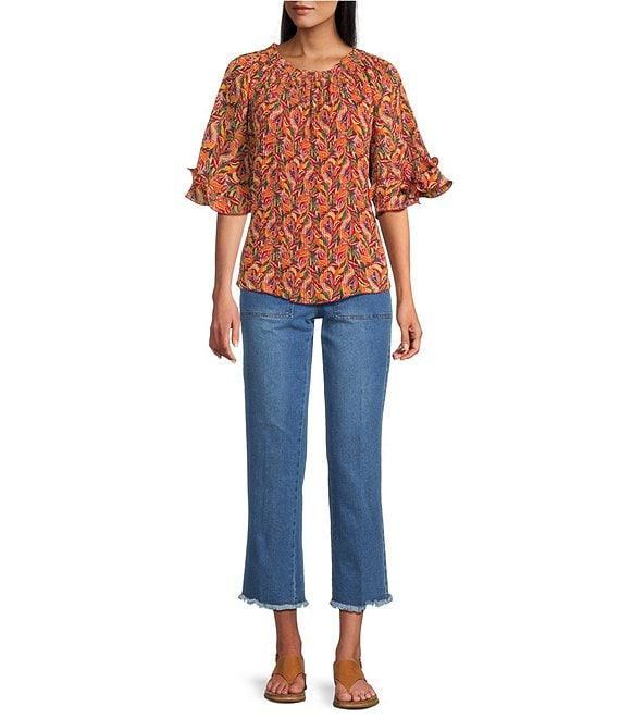 Multiples Georgette Allover Pleated Printed Elastic Neck Elbow Sleeve Loose Top Product Image