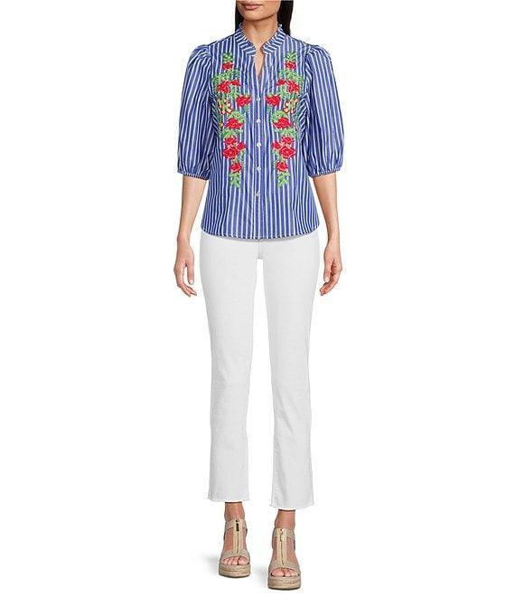 Calessa Petite Size Embroidered Stripe High Ruffle Split V-Neck Elbow Sleeve Button Front Tunic Product Image