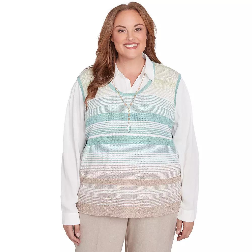 Plus Size Alfred Dunner Striped Vest Collared Two-in-One Sweater with Necklace, Women's, Size: 1XL, Neutral Team Product Image