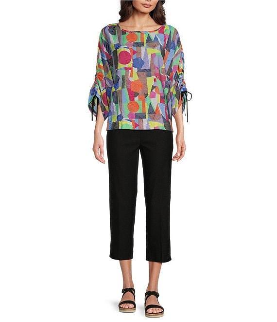 Ali Miles Petite Size Woven Abstract Print Round Neck 3/4 Dolman Cinch Tie Sleeve Tunic Product Image