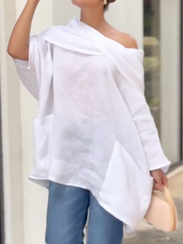 Long Sleeves Loose Asymmetric Pockets See-Through Solid Color Blouses&shirts Tops Product Image