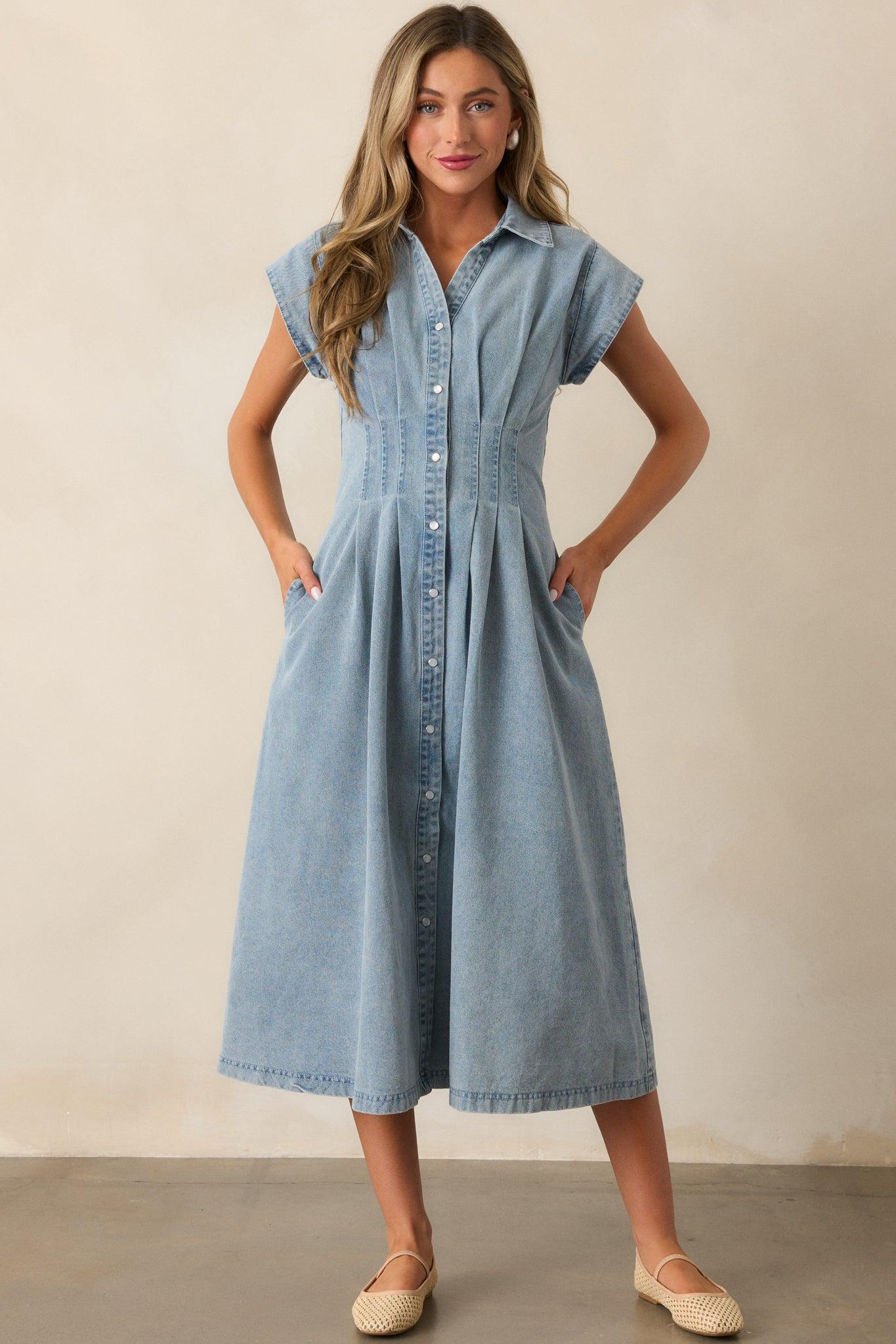 Classic Tea Party Light Wash Denim Button Front Pleated Midi Dress Product Image