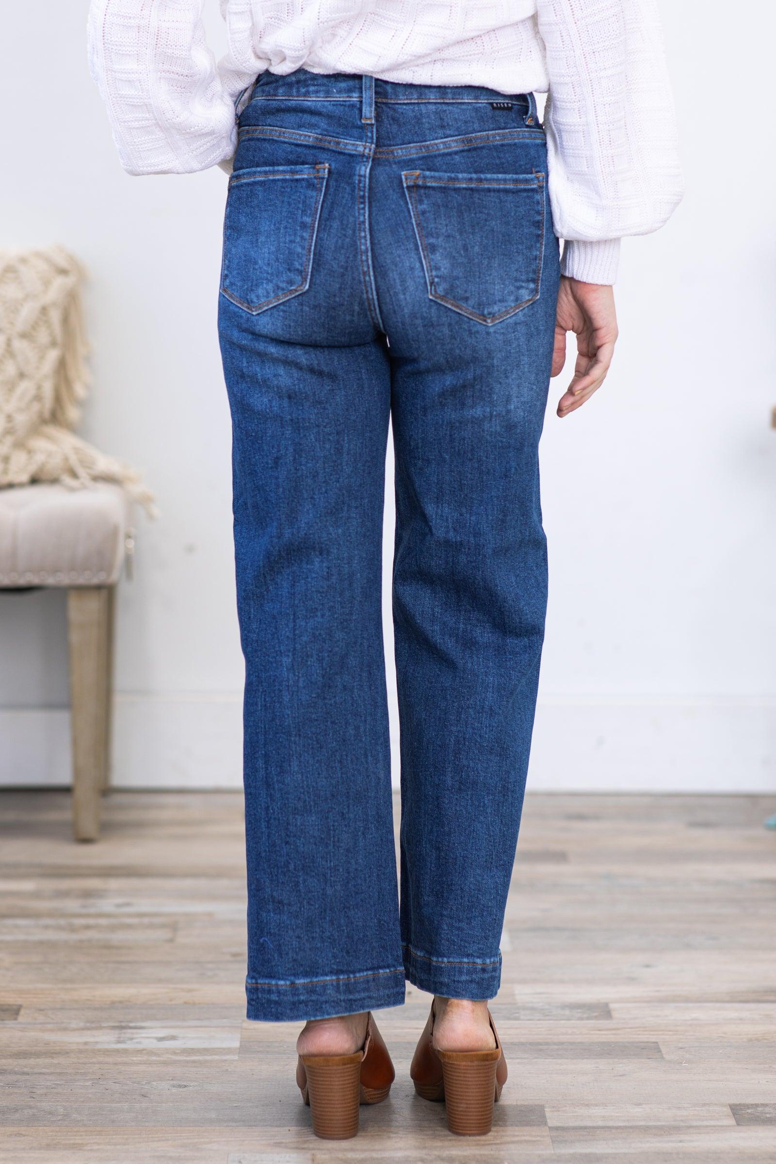 Risen Dark Wash High Rise Wide Leg Ankle Jeans Product Image